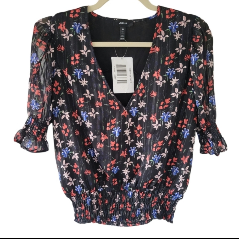 AQUA Floral Chiffon V neck Short‎ Sleeves Blouse Top M